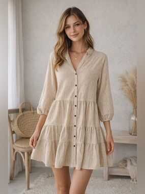 ePretty Chicago Gingham Tiered Dress Beige White Size Large